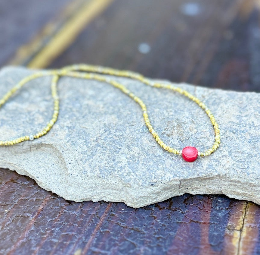 Speckled Beige Seed Bead Necklace with Red Coral Gemstone Pendant - Silver or Gold