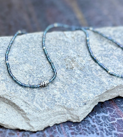 Midnight Shimmery Black Seed Bead Silver Barrel Charm Pendant Necklace