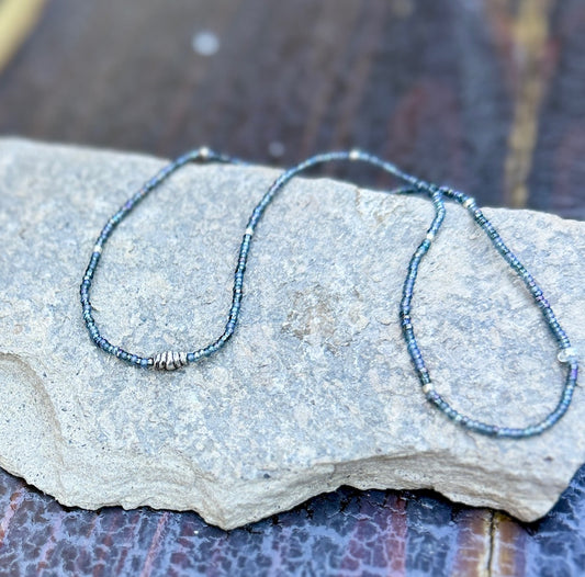 Midnight Shimmery Black Seed Bead Silver Barrel Charm Pendant Necklace