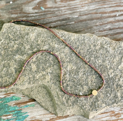 Copper Rainbow Seed Bead Necklace with Gold Full Moon Charm