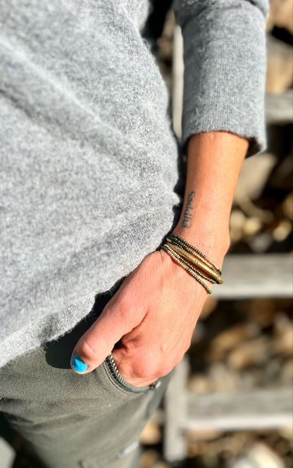 Olive Green Gold or Silver Striped Beaded 5-Wrap Bracelet