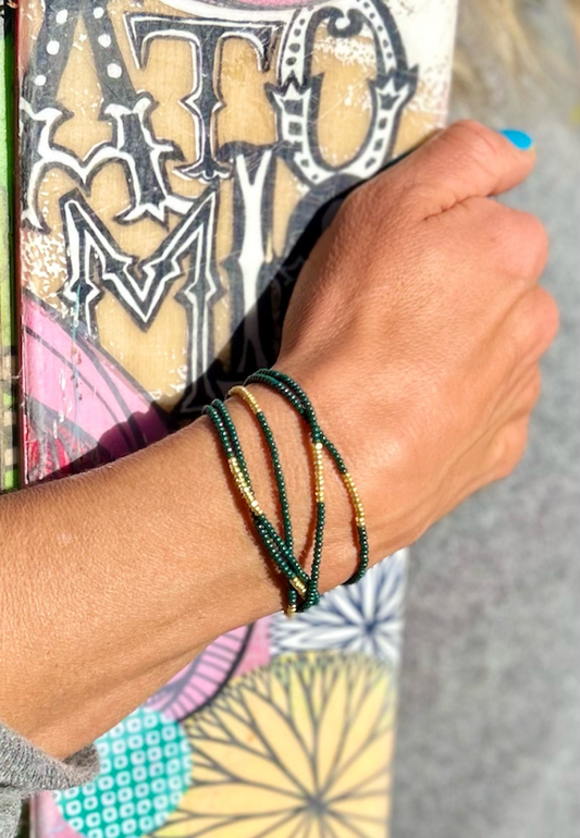 Pine Green & Gold-Striped Beaded 5-Wrap Bracelet