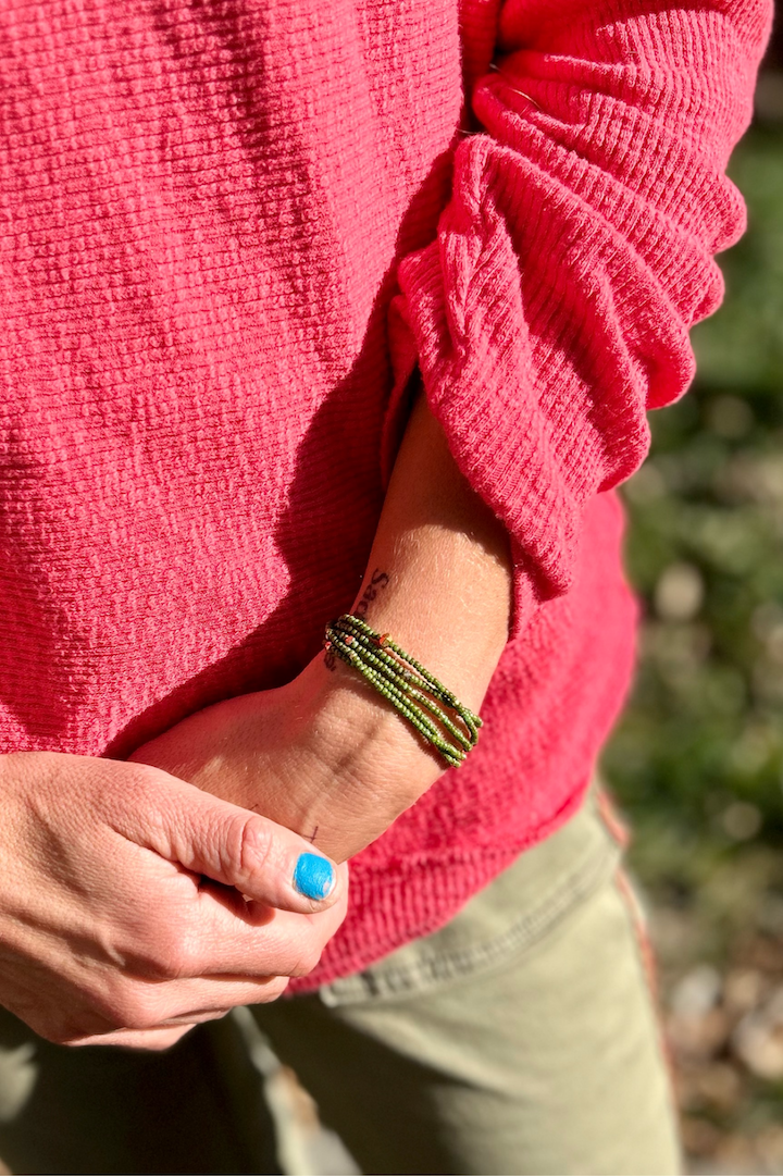 Hunter Green & Gold-Sprinkle Beaded Boho Wrap Bracelet