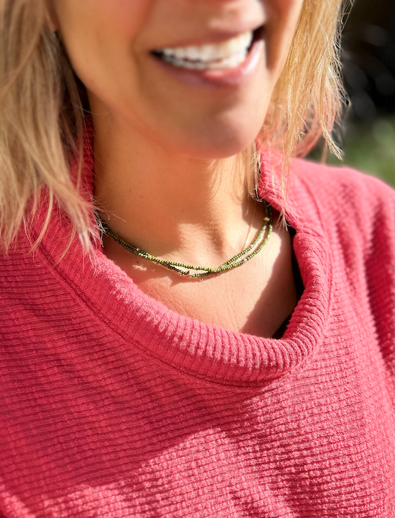 Hunter Green & Gold-Striped Beaded 5-Wrap Boho Stacked Bracelet