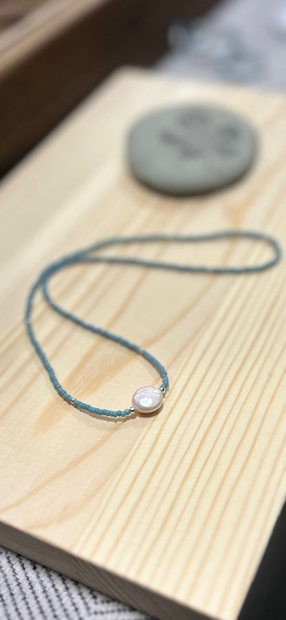 Stretchy Pale Blue Seed Bead & Freshwater Pearl Coin Necklace