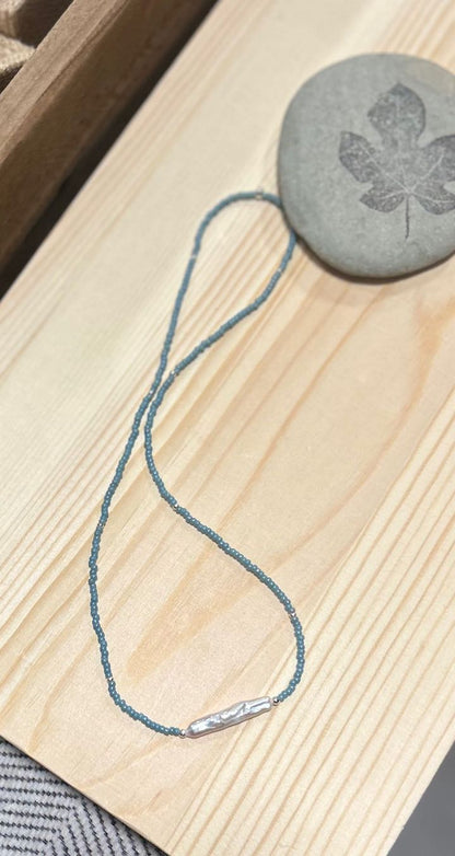 Stretchy Pale Blue Seed Bead & Freshwater Pearl Bar Necklace