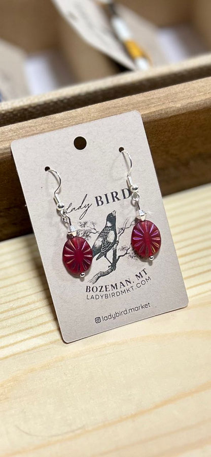 Cherry Red Sparkle Etched Glass Dangle Earrings