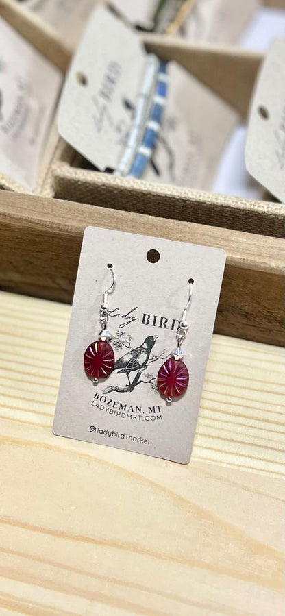 Cherry Red Sparkle Etched Glass Dangle Earrings