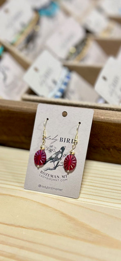Cherry Red Sparkle Etched Glass Dangle Earrings