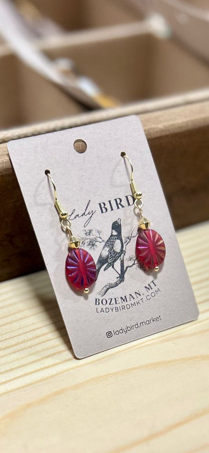 Cherry Red Sparkle Etched Glass Dangle Earrings