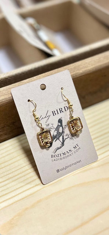 Bronzed Star Flower Etched Glass Dangle Earrings