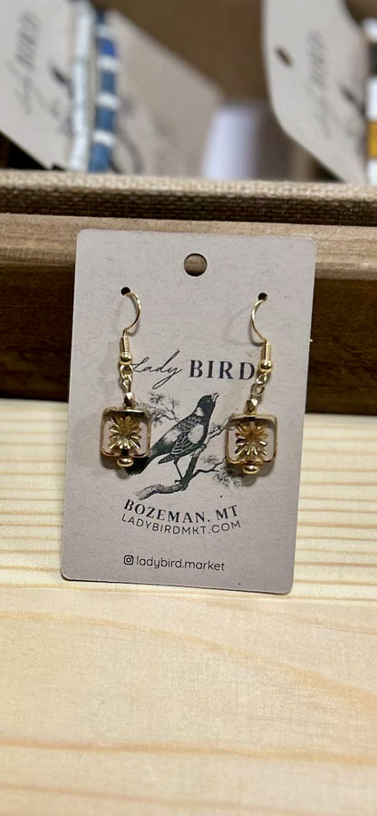 Bronzed Star Flower Etched Glass Dangle Earrings