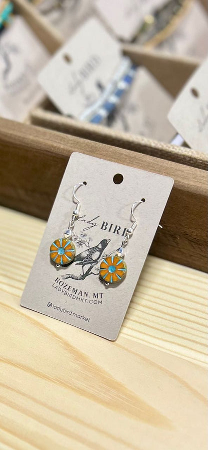 Orange Flower-Child Etched Glass Dangle Earrings