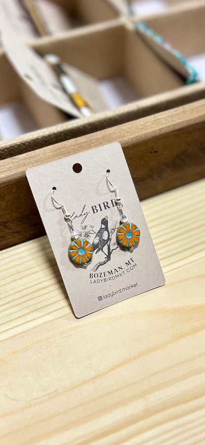 Orange Flower-Child Etched Glass Dangle Earrings