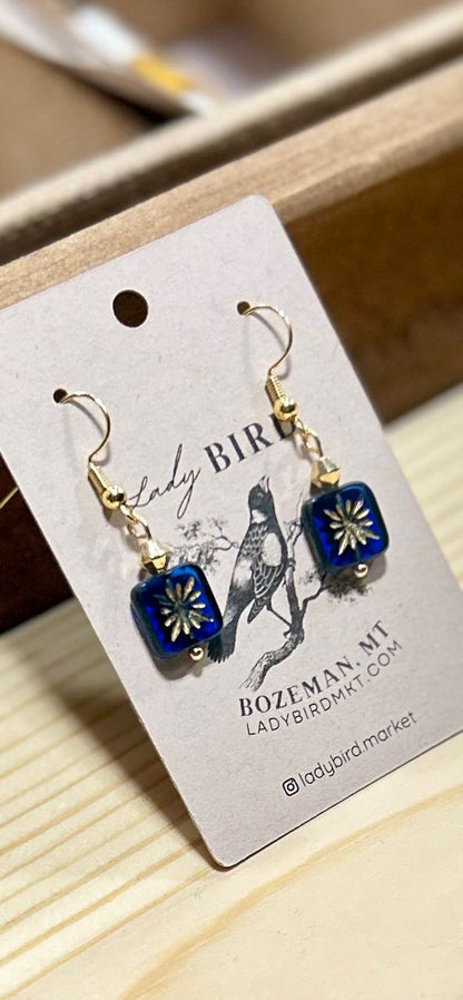 Deep Blue & Gold Star Flower Etched Glass Dangle Earrings