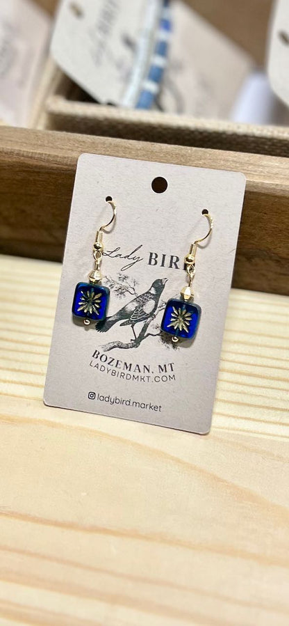 Deep Blue & Gold Star Flower Etched Glass Dangle Earrings