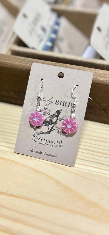 Bright Pink Flower-Child Etched Glass Dangle Earrings