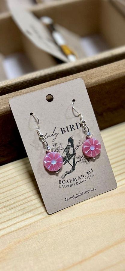 Bright Pink Flower-Child Etched Glass Dangle Earrings