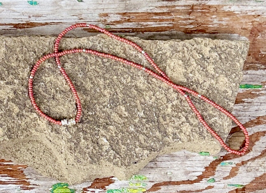Salmon Pink-Orange Seed Bead Necklace with Pure Thai Silver