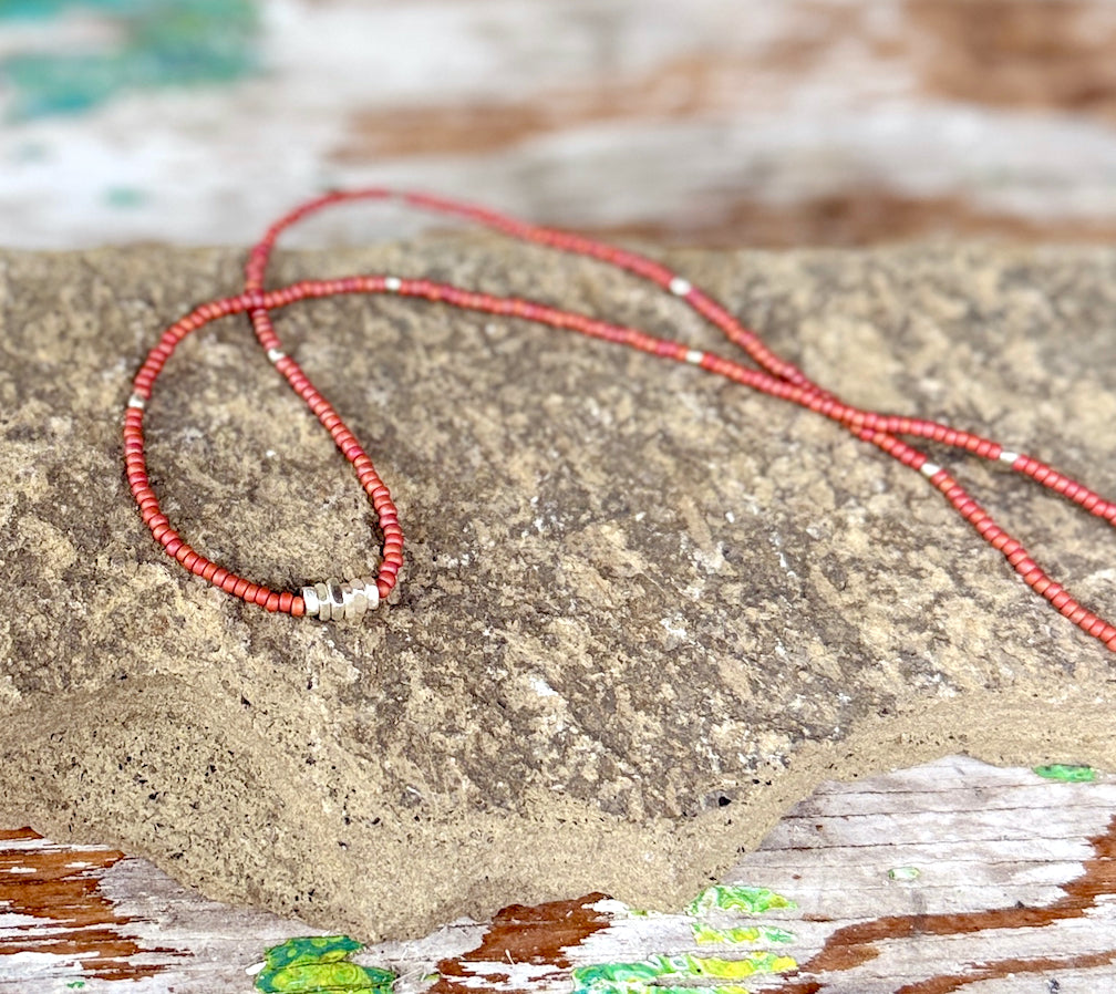 Salmon Pink-Orange Seed Bead Necklace with Pure Thai Silver