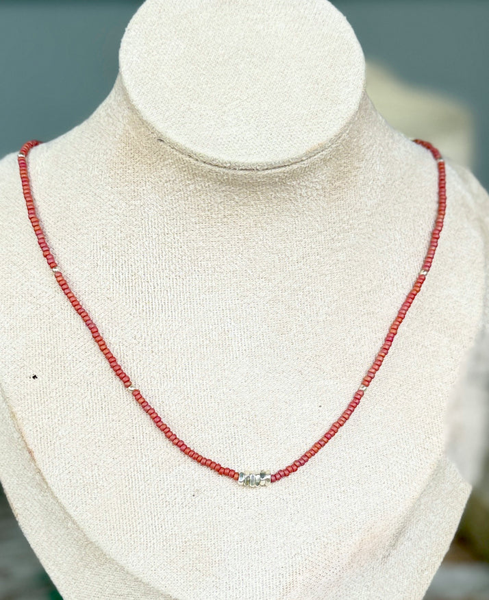 Salmon Pink-Orange Seed Bead Necklace with Pure Thai Silver
