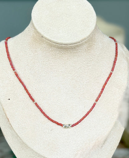 Salmon Pink-Orange Seed Bead Necklace with Pure Thai Silver
