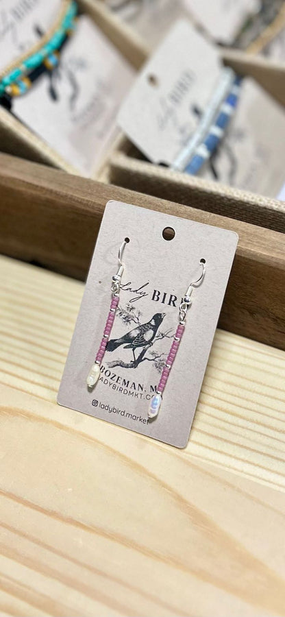 Pale Pink Seed Bead & Freshwater Pearl Dangle Earrings