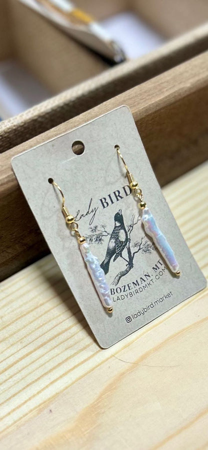 Freshwater Pearl Bar & Silver or Gold Dangle Earrings