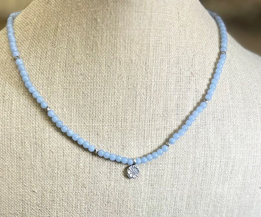 Angelite Gemstone Stretchy Necklace – Boho Western Jewelry with Stamped Sterling Silver Flower Pendant