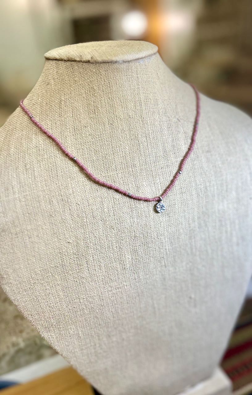 Pale Pink Stretchy Seed Bead Boho Necklace with Sterling Silver Daisy Stamped Charm