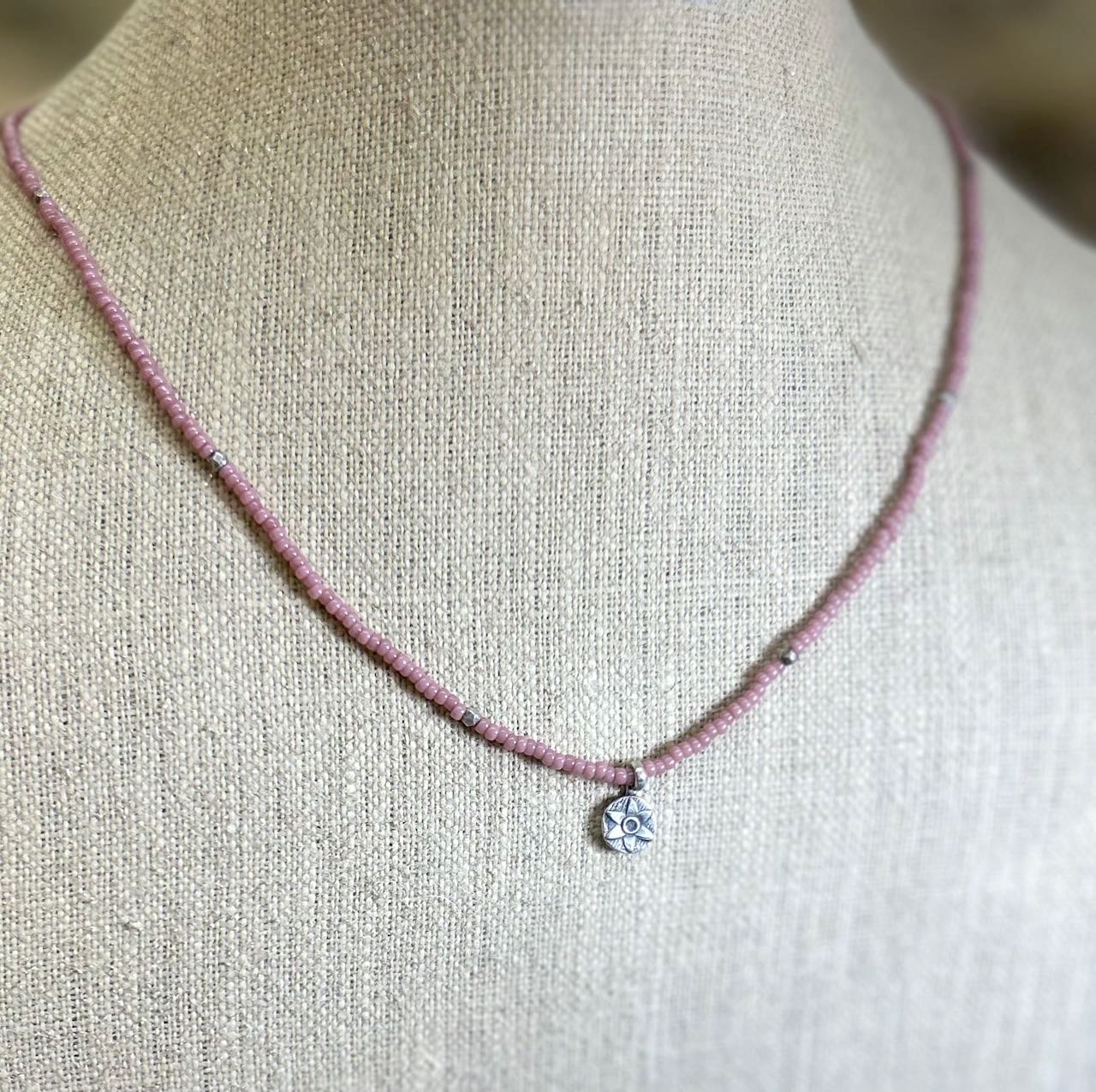 Pale Pink Stretchy Seed Bead Boho Necklace with Sterling Silver Daisy Stamped Charm