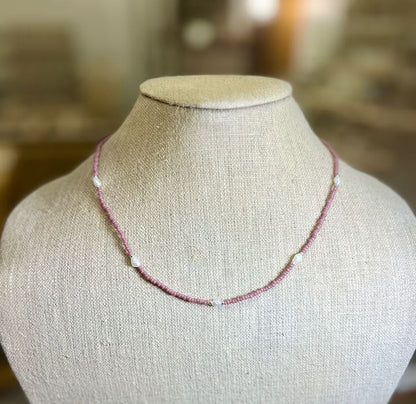 Stretchy Pale Pink Seed Bead & Freshwater Pearl Sprinkled Necklace