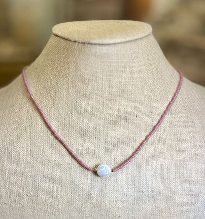Stretchy Pale Pink Seed Bead & Freshwater Pearl Coin Necklace