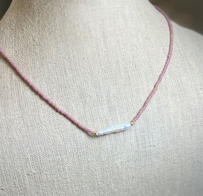 Stretchy Pale Pink Seed Bead & Freshwater Pearl Bar Necklace