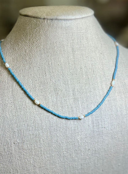 Stretchy Pale Blue Seed Bead & Freshwater Pearl Sprinkled Necklace