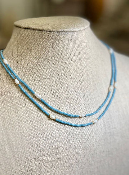 Stretchy Pale Blue Seed Bead & Freshwater Pearl Sprinkled Necklace
