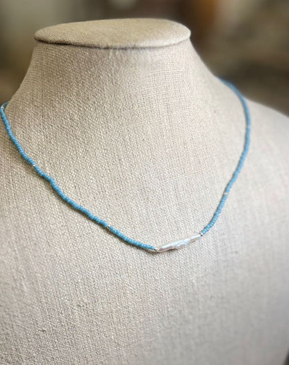 Stretchy Pale Blue Seed Bead & Freshwater Pearl Bar Necklace