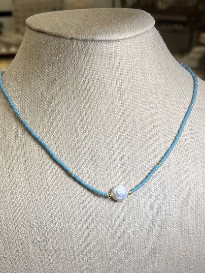 Stretchy Pale Blue Seed Bead & Freshwater Pearl Coin Necklace