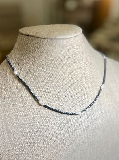 Stretchy Steel Gray Seed Bead & Freshwater Pearl Sprinkled Necklace
