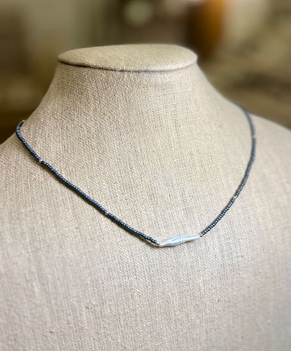 Stretchy Steel Gray Seed Bead & Freshwater Pearl Bar Necklace
