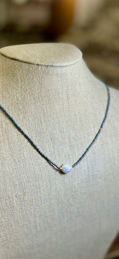 Stretchy Steel Gray Seed Bead & Freshwater Pearl Coin Necklace