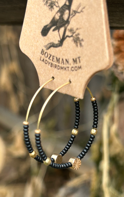 Black Onyx & Gold Beaded Hoops