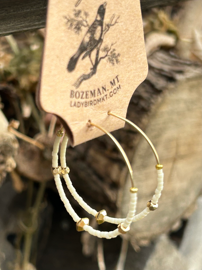 Creamy White & Bold Gold Beaded Hoops