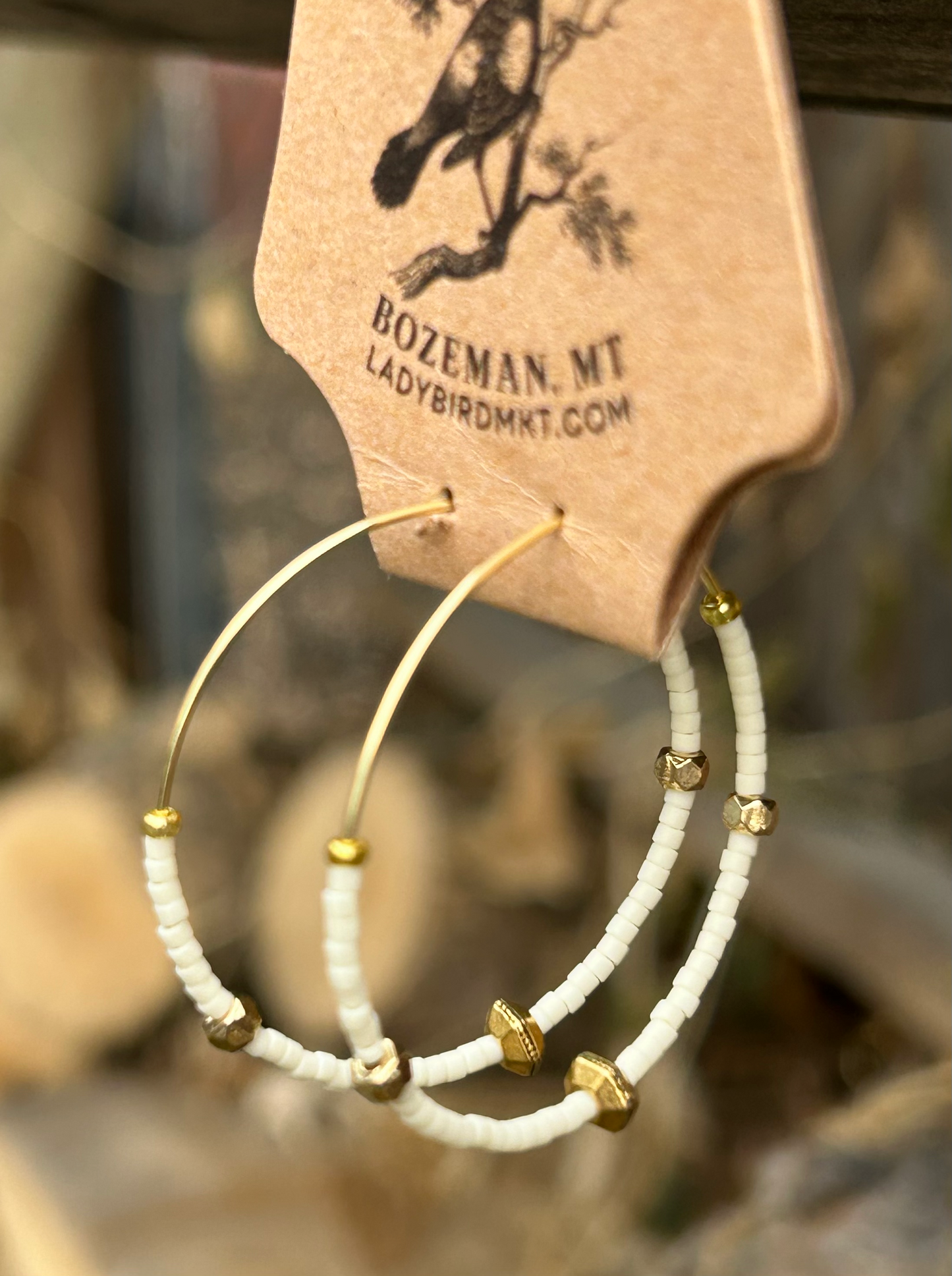 Creamy White & Bold Gold Beaded Hoops
