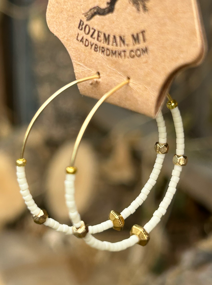 Creamy White & Bold Gold Beaded Hoops