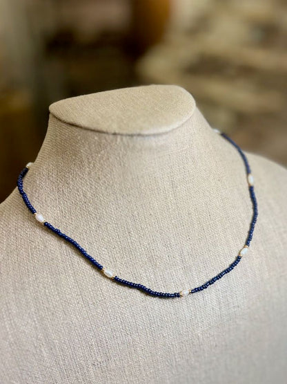 Stretchy Navy Blue Seed Bead & Freshwater Pearl Sprinkled Necklace