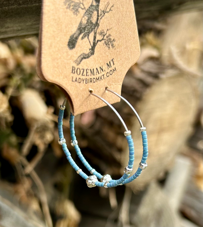 Pale Blue & Silver Beaded Hoop Earrings
