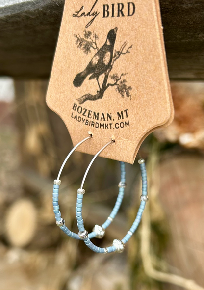 Pale Blue & Silver Beaded Hoop Earrings