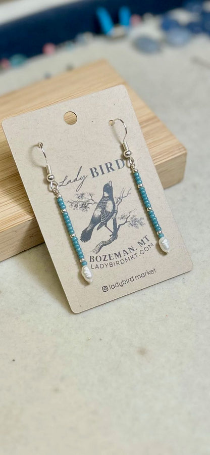 Pale Blue Seed Bead & Freshwater Pearl Dangle Earrings