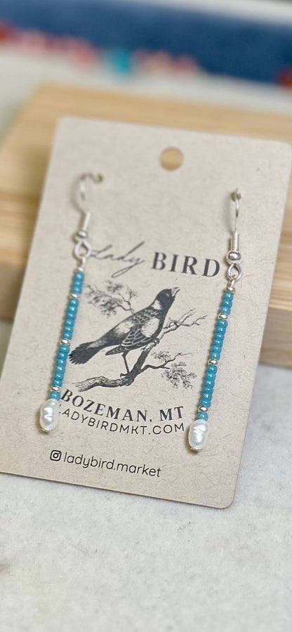 Pale Blue Seed Bead & Freshwater Pearl Dangle Earrings